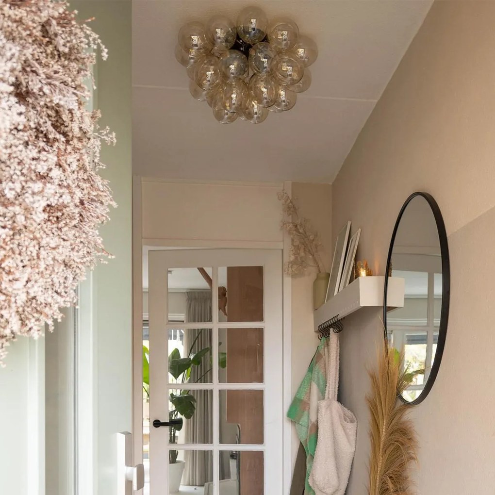 Candeeiro de teto design preto com vidro âmbar 6 luzes - Uvas