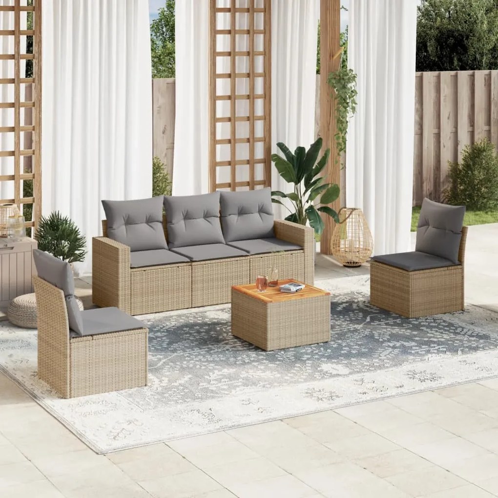 6 pcs conjunto de sofás p/ jardim com almofadões vime PE bege