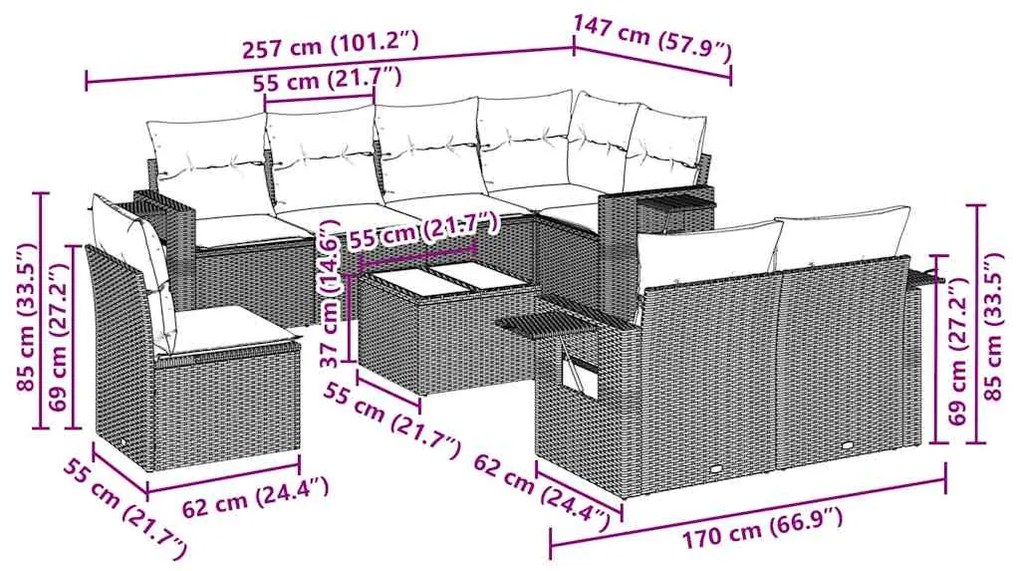 9 pcs conj. sofás jardim com almofadões vime PE cinzento-claro