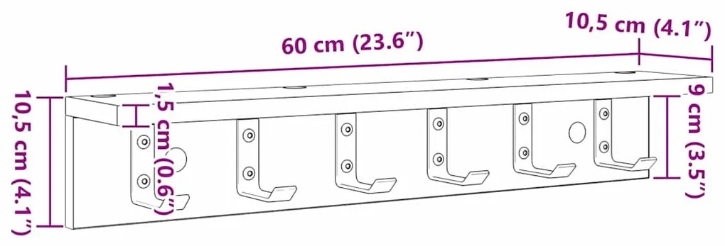 Cabideiro de Parede Sonoma cinzento 60 x 10.5 x 10.5 cm