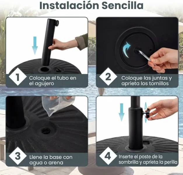 Base redonda para guarda-sol de pátio 51 cm metálica, Preenchível com água ou areia até 27 kg, com 2 acopladores para jardim, piscina preta