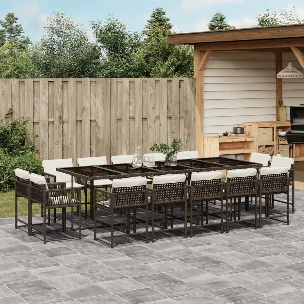 15 pcs conjunto jantar p/ jardim c/ almofadões vime PE castanho