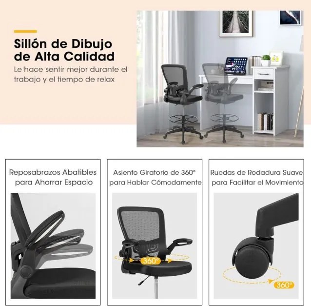 Cadeira de escritório ergonómica ajustável em altura com malha, rodas, apoios de braços eleváveis, apoio para os pés, estilo moderno, carga 120 kg Pre