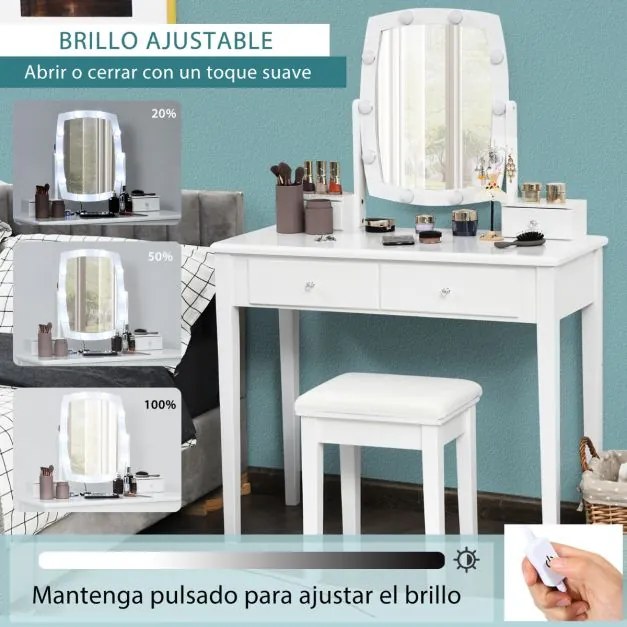 Conjunto de Toucador com Espelho Iluminado Giratório 360°, Mesa de Maquilhagem e Banco Acolchoado para Quarto Branco