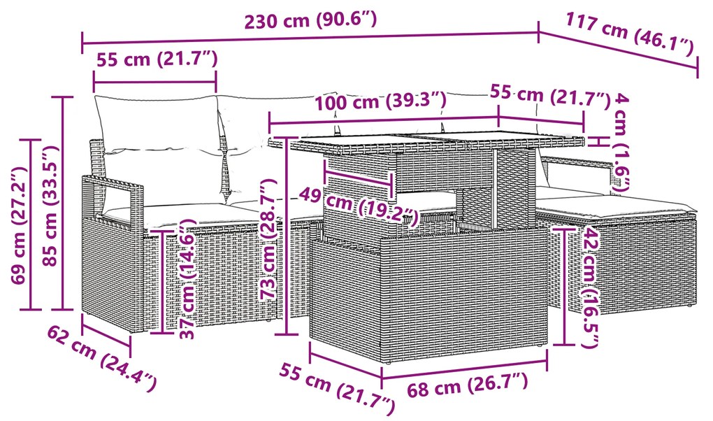 Conjunto de Sofá de Jardim de 6 Peças com Almofadas Preto Rattan Polié