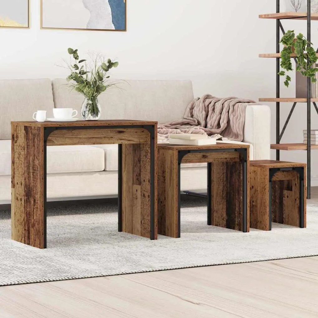 vidaXL Mesa de Café Empilhável 3 pcs Madeira antiga 60 x 35 x 56 cm