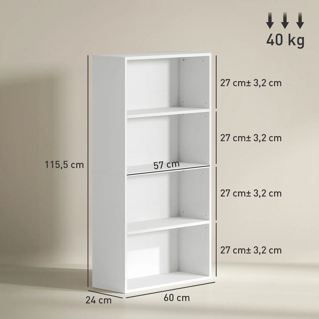Estante de 4 Níveis Estante para Livros com 2 Prateleiras Ajustáveis para Sala de Estar Escritório Quarto 60x24x115,5 cm Branco