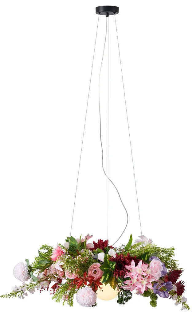 Candeeiro suspenso boémio preto com flores coloridas vermelhas e rosa - Flower Power