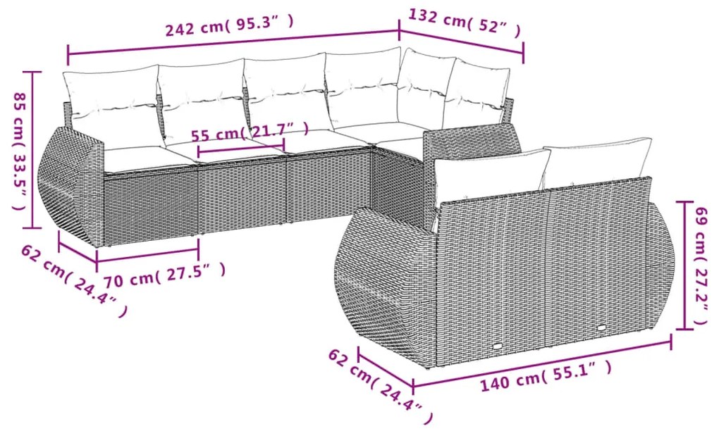 7 pcs conjunto de sofás p/ jardim c/ almofadões vime PE preto