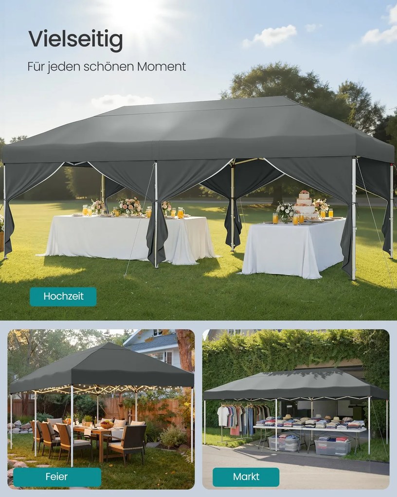 Tenda dobrável de 3 x 6 m para jardim e festas, com 6 paredes laterais, cinzento escuro