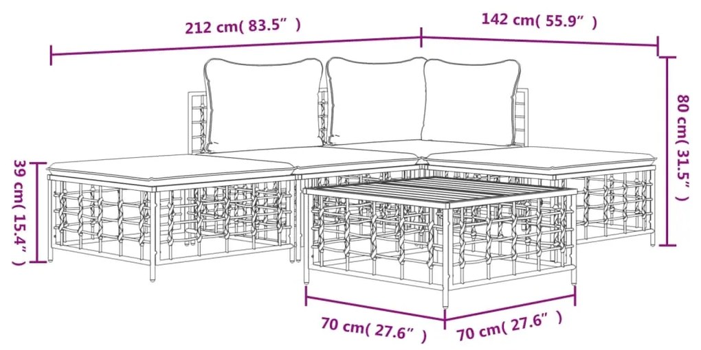 5 pcs conjunto lounge de jardim c/ almofadões vime PE antracite
