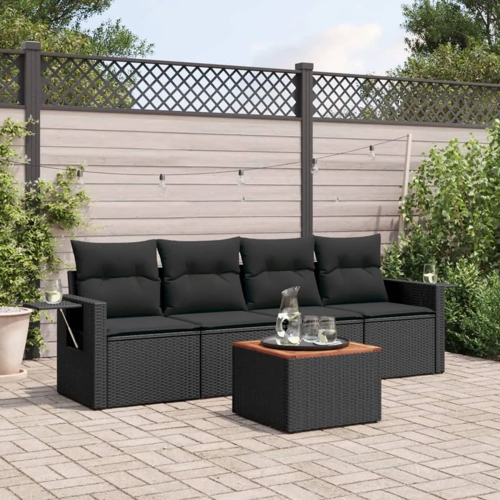 vidaXL 5 pcs conjunto sofás de jardim com almofadões vime PE preto