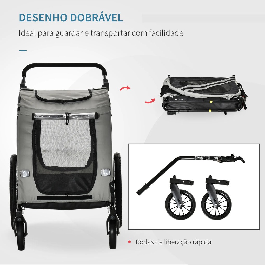 Reboque Bicicleta Cães 2 em 1 Transporte Animais Estimação Porta Enrolável Janelas 140x72,5x107,5cm Cinza