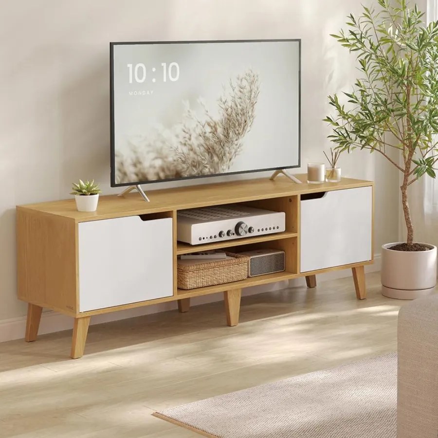 Armário para TV com prateleira ajustável em estilo transitório 147 x 39 x 50 cm Branco + Cor Natural
