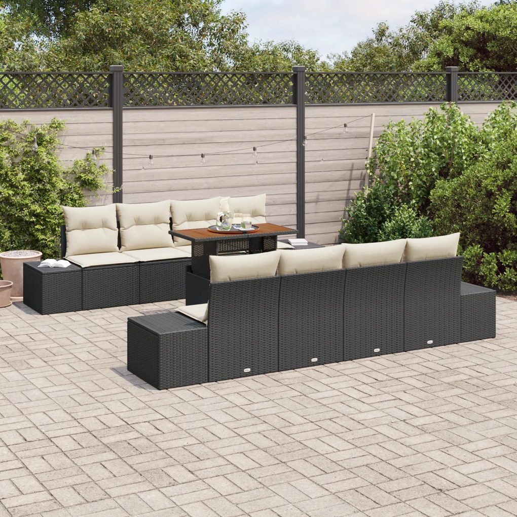Conjunto de Sofá de Jardim de 7 Peças com Almofadas em Vime Preto