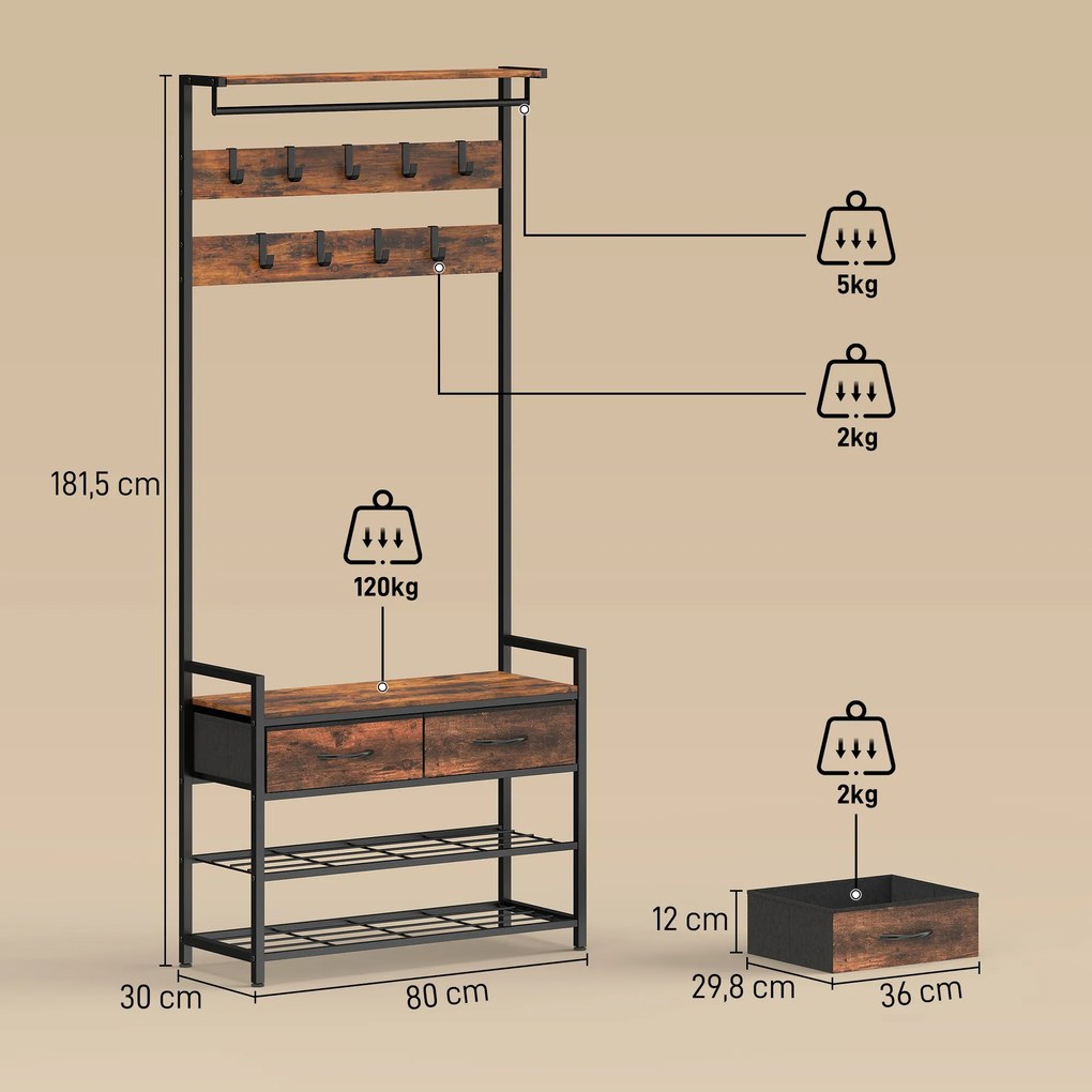 Móvel de Entrada Porta-Casacos e Sapatos, 80 x 30 x 181,5 cm, Organização 5 em 1, Castanho Rústico