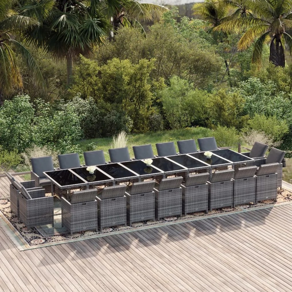 vidaXL 21 pcs conjunto jantar p/ jardim c/ almofadões vime PE cinzento