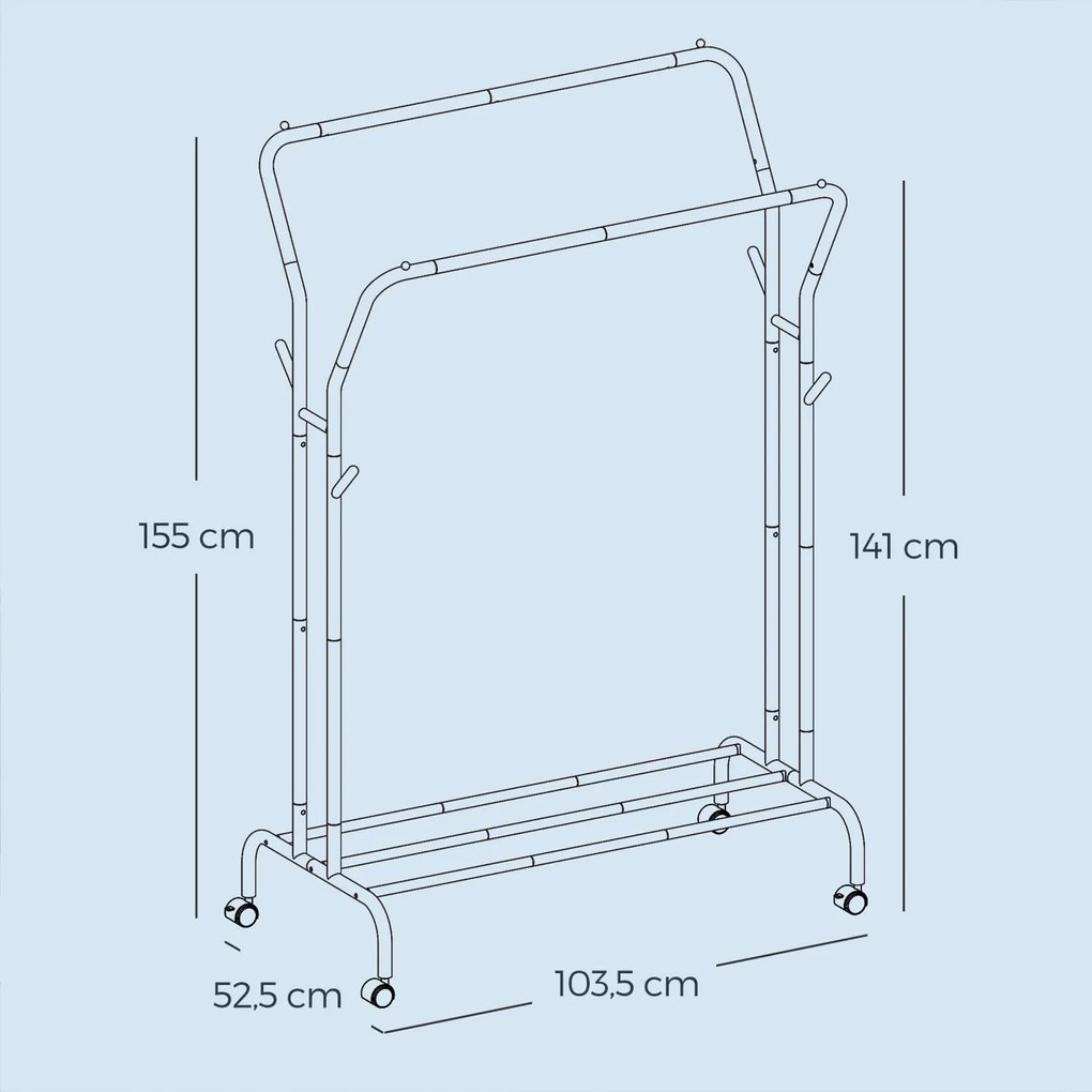 Cabide guarda roupa com rodas de 52,5 x 103,5 x 155 cm preto