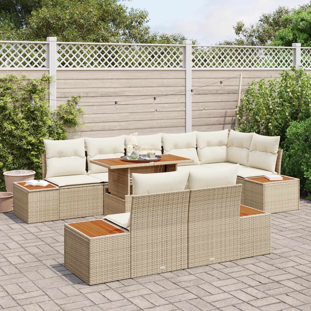 Conjunto de Jantar Jardim 9 Peças com Almofadas Bege em Rattan Poliést