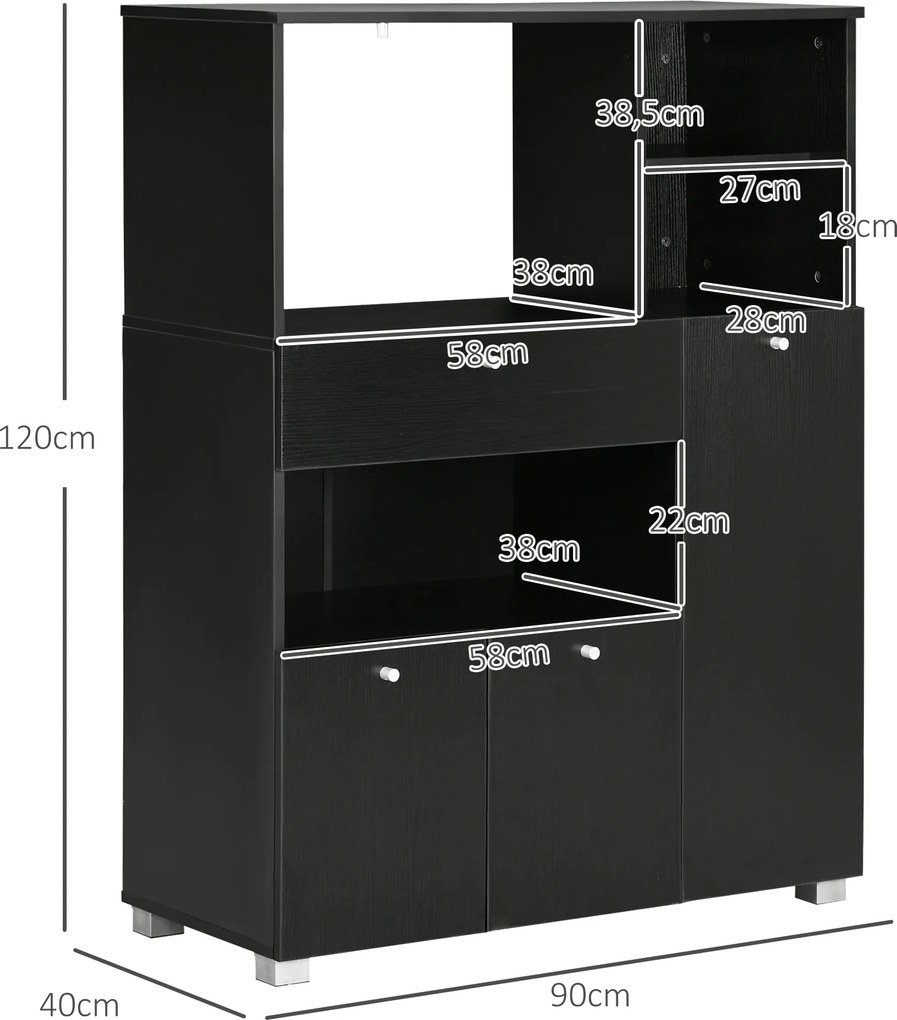 Aparador Auxiliar para Microondas Buffet de Cozinha com 2 Armários com Portas 1 Gaveta e Prateleiras 90x40x120 cm Preto