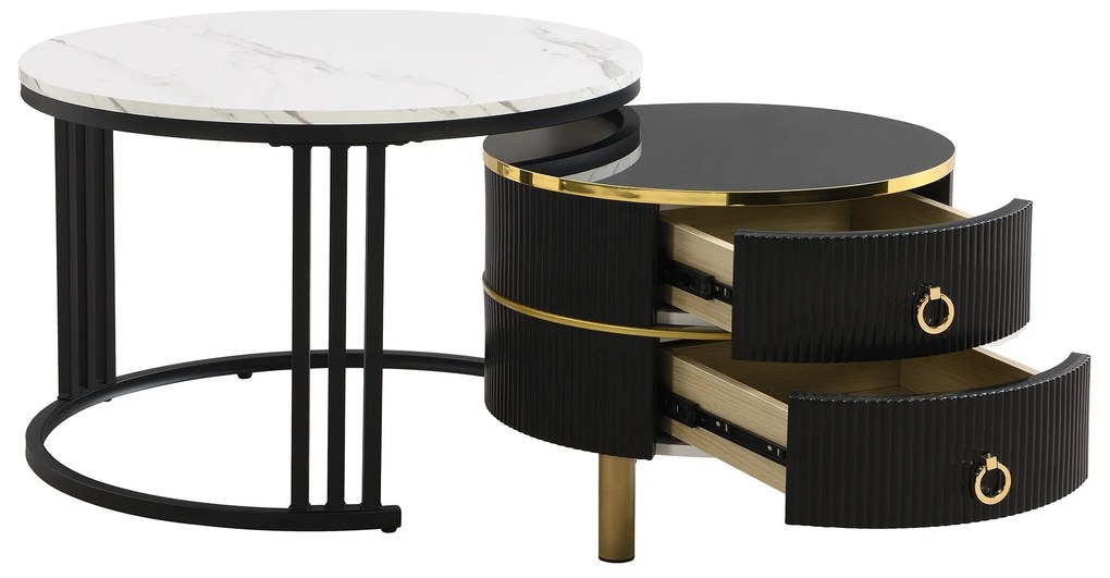 Mesa de centro 2-em-1 em MDF com tampo brilhante e tampo em mármore branco, combinação de mesa de centro para sala de estar com 2 gavetas, Preto