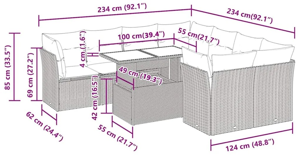 9 pcs conjunto de sofás p/ jardim com almofadões vime PE bege
