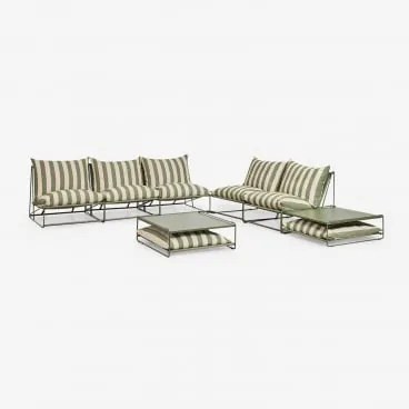 Conjunto De Jardim Com 2 Sofás Modulares De 2 E 3 Peças E 2 Mesas Auxiliares Convertíveis Amaro Tapioca Beige - Verde Azeitona Profundo - Sklum