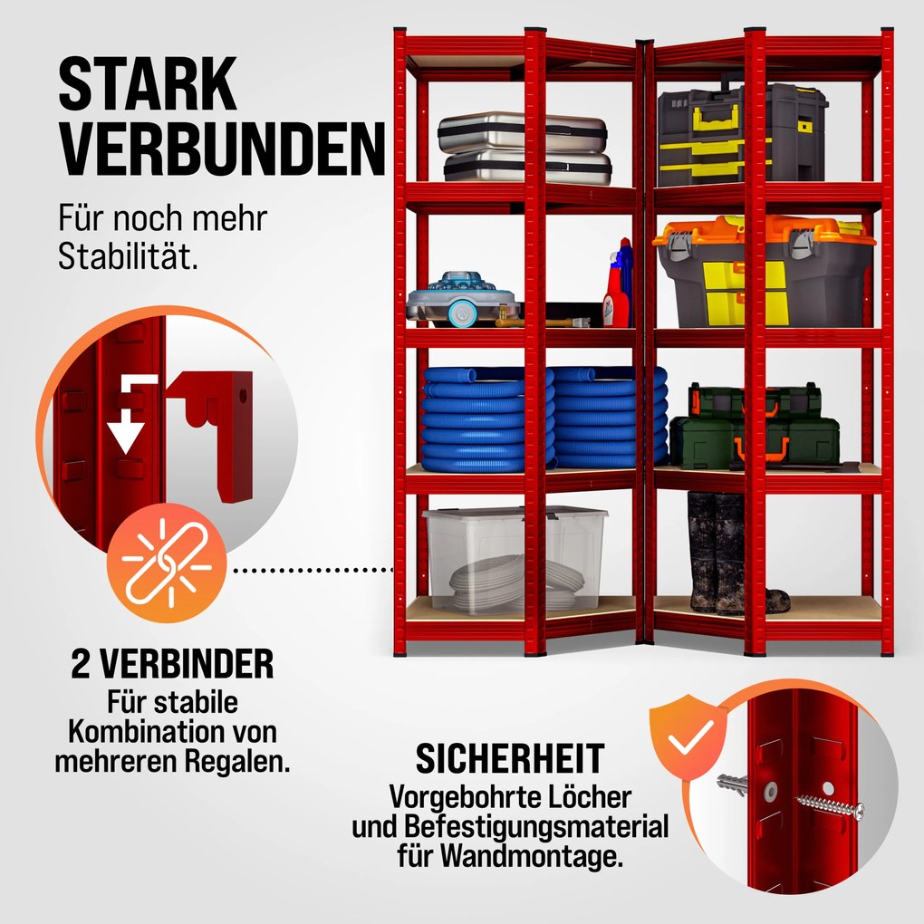 Estante de canto em aço caves, garagens, oficinas, arrecadações para cargas pesadas até 875 kg Vermelha