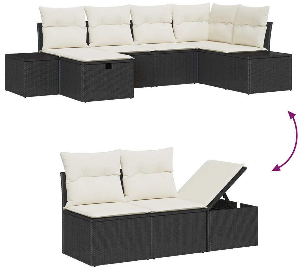 Conjunto de Sofás de Jardim com Almofadas de 7 Peças Preto de Rattan S