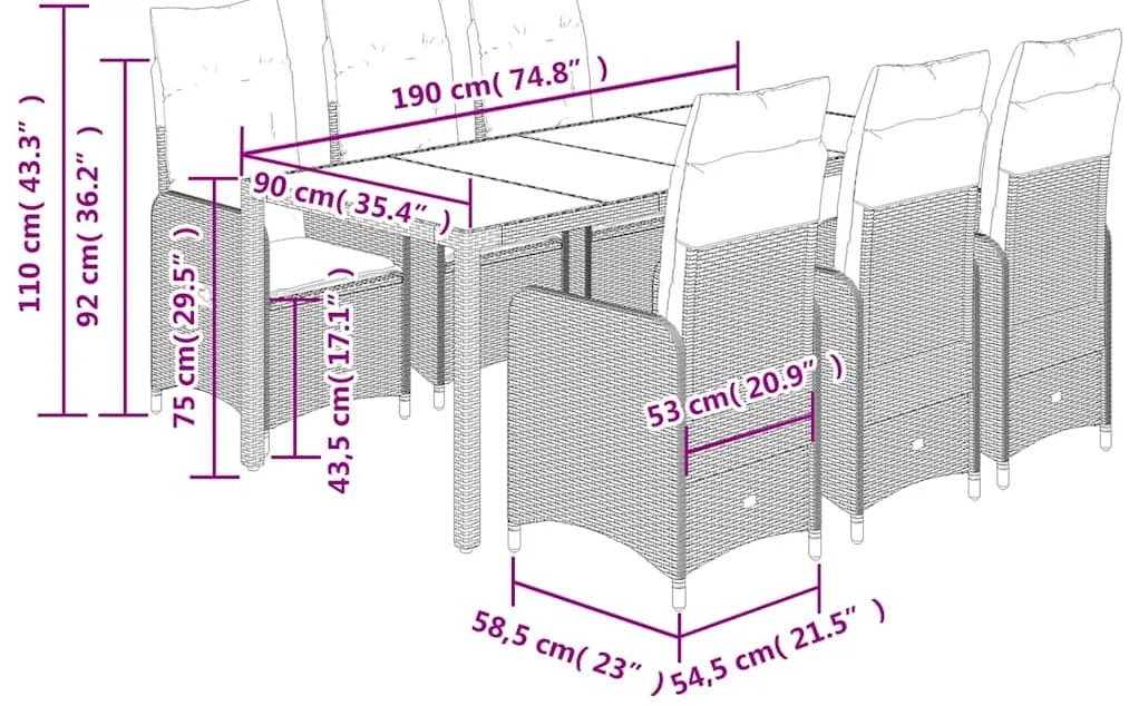 7 pcs conjunto bistrô de jardim c/ almofadões vime PE castanho