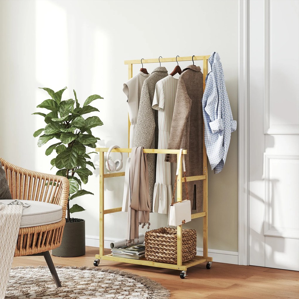 Charriot com Rodas de Bambu com Sapateira 2 Barras para Pendurar para Entrada Corredor Quarto 80x40x160 cm Madeira