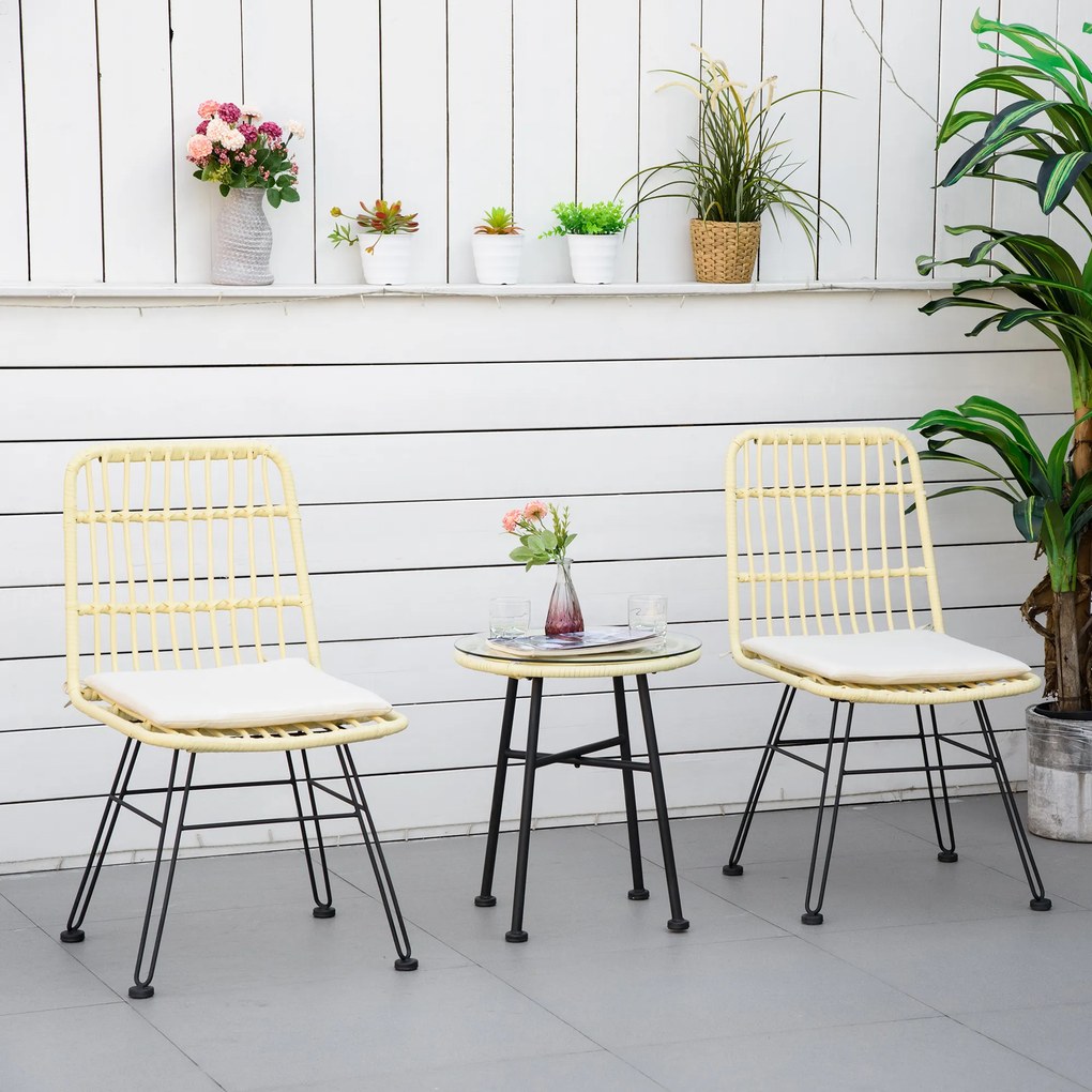 Conjunto de bistrô de jardim de 3 peças: 2 cadeiras + mesa de centro redonda em vidro temperado, 2 almofadas com fecho de correr e capa removível em p