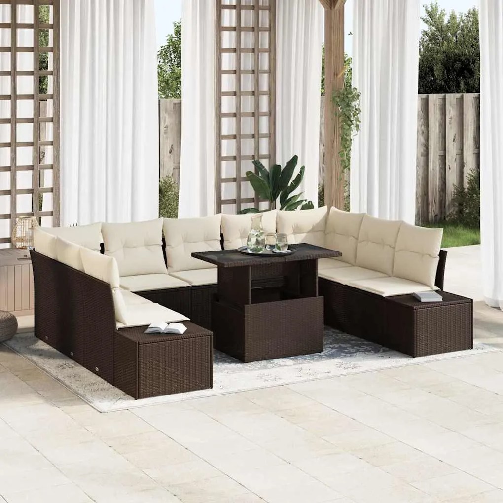 vidaXL Conjunto de sofá de jardim com 10 peças e almofadas castanhas em rattan poliéster