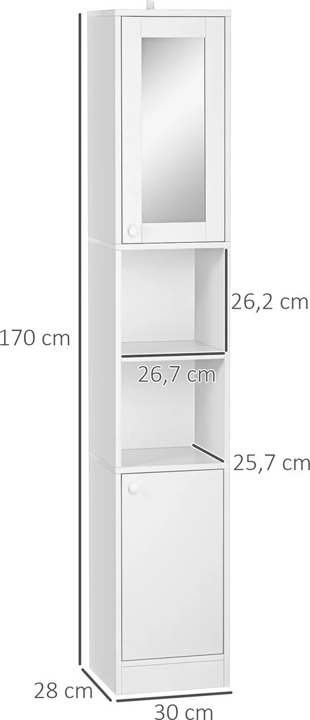 Armário alto de casa de banho com prateleira ajustável - 30 x 28 x 170 cm - branco