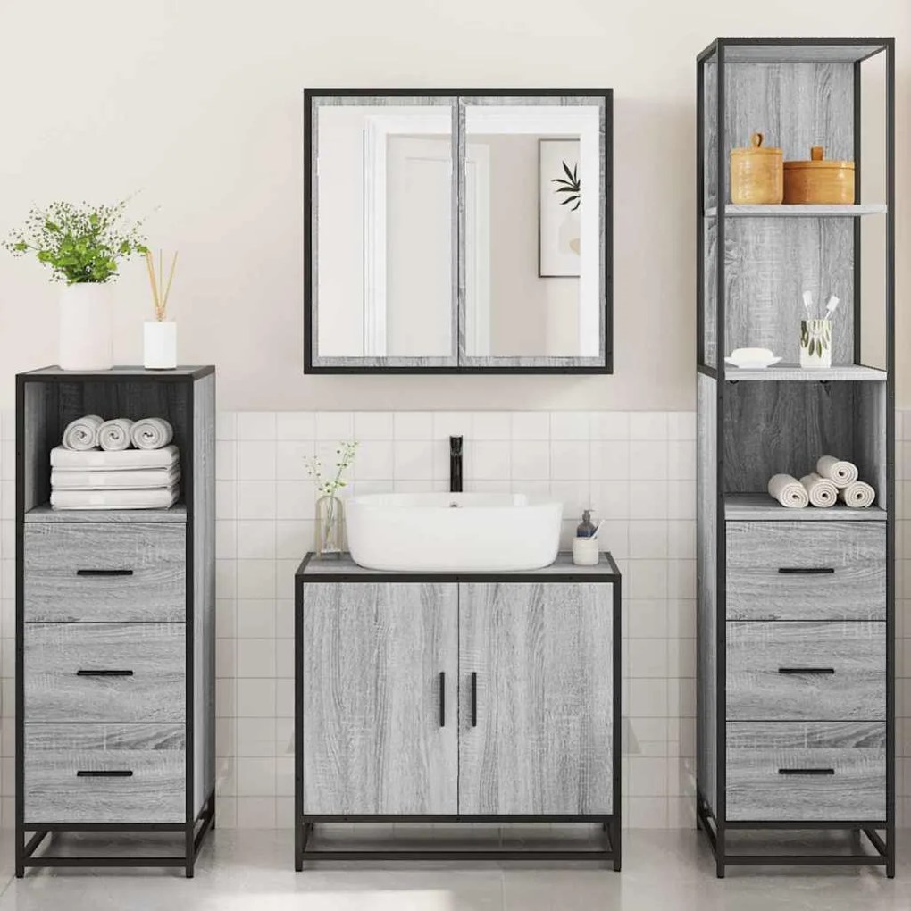 4 pcs Conjunto móveis casa de banho madeira proc. cinza sonoma