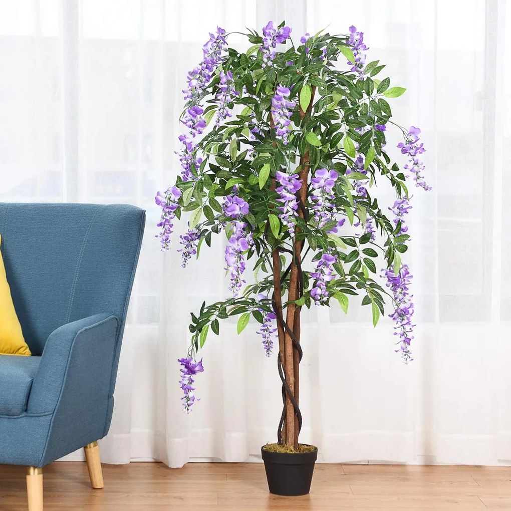 Flor artificial de glicínia 150 cm Planta decorativa em vaso roxo para interior.