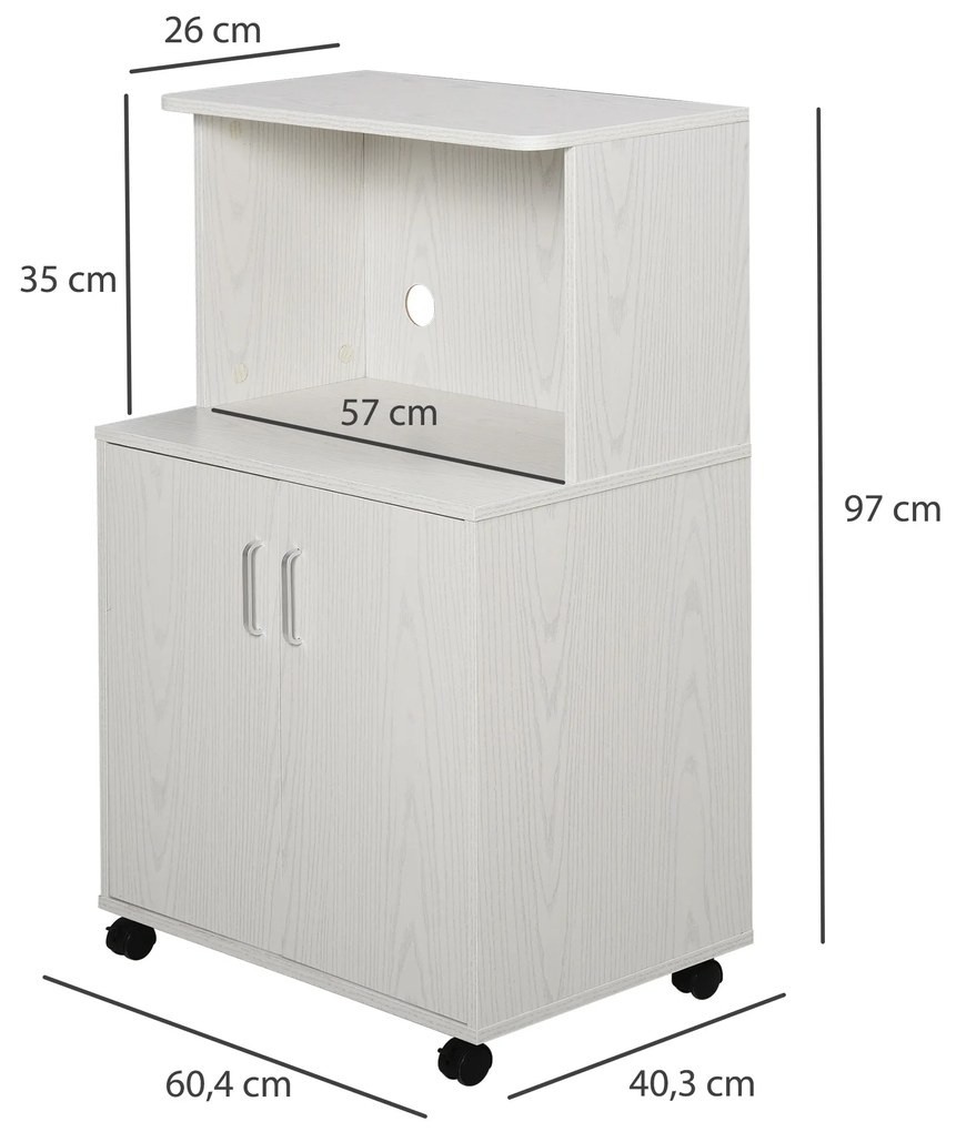 Aparador Auxiliar para Microondas Armário de Cozinha Baixo com Armário de 2 Portas e Prateleira Ajustável com Rodas Carga 70 kg 60,4x40,3x97 cm Branco