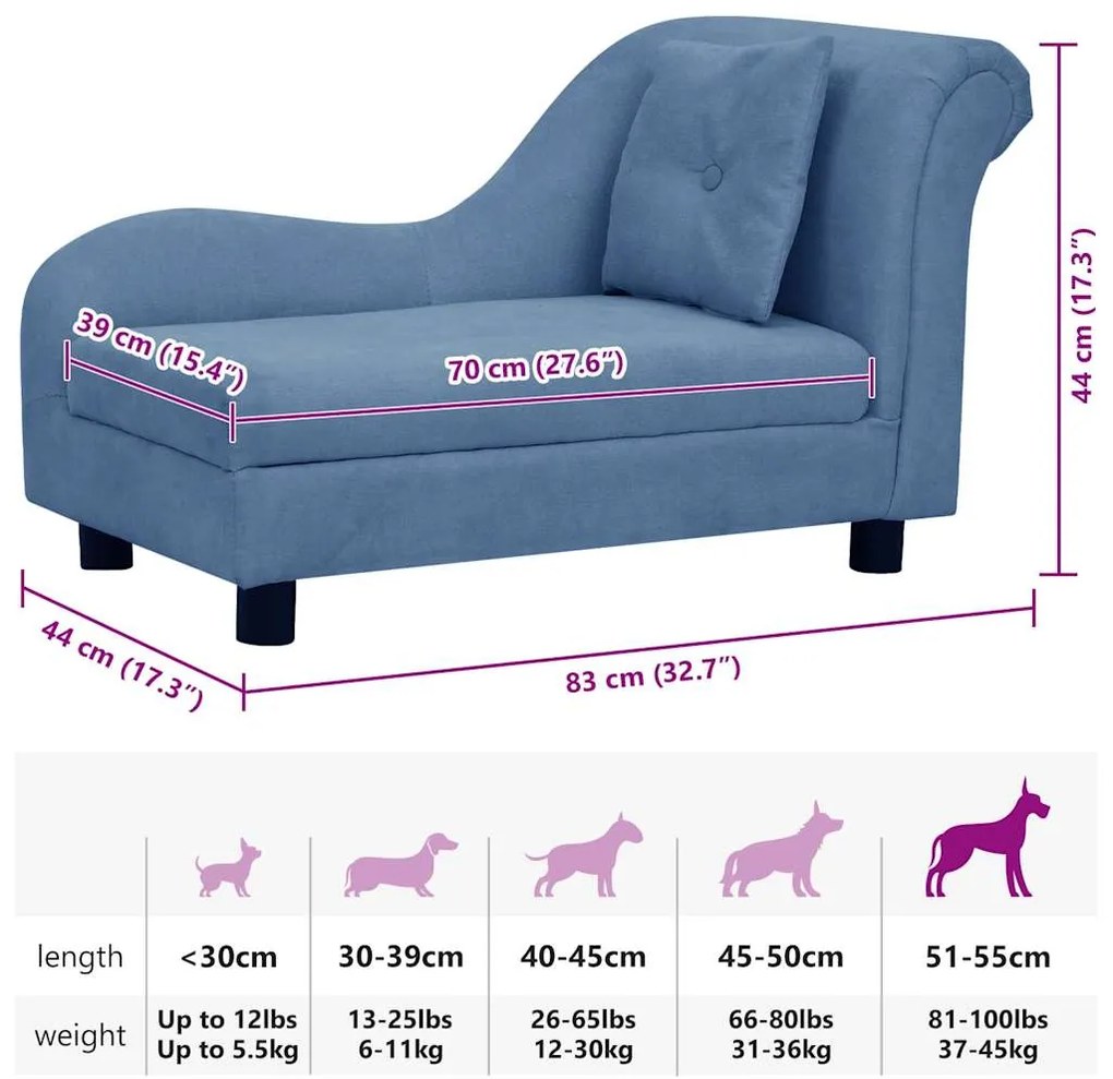 Sofá para cães com almofada 83x44x44 cm pelúcia azul