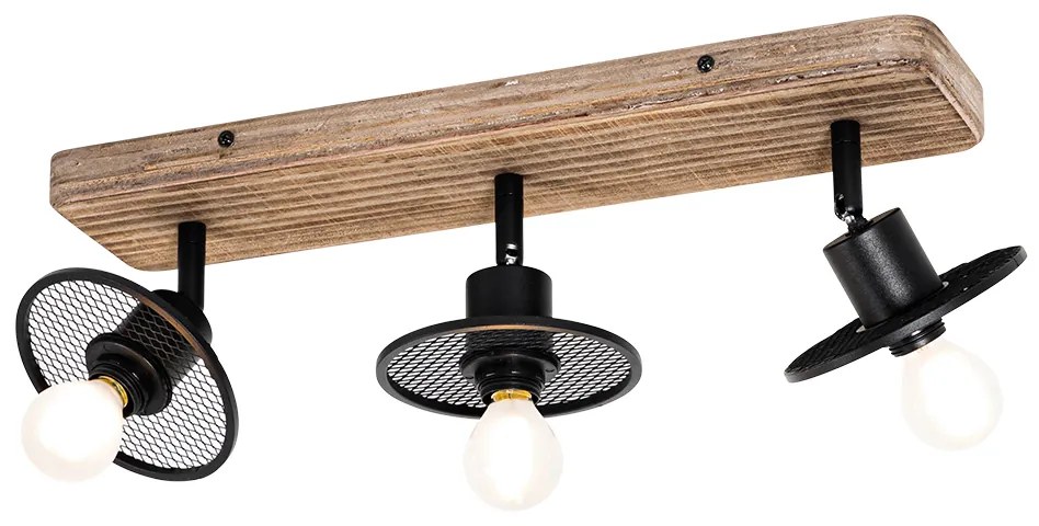 Candeeiro de teto industrial preto com madeira 3 luzes - Jasmine Industrial