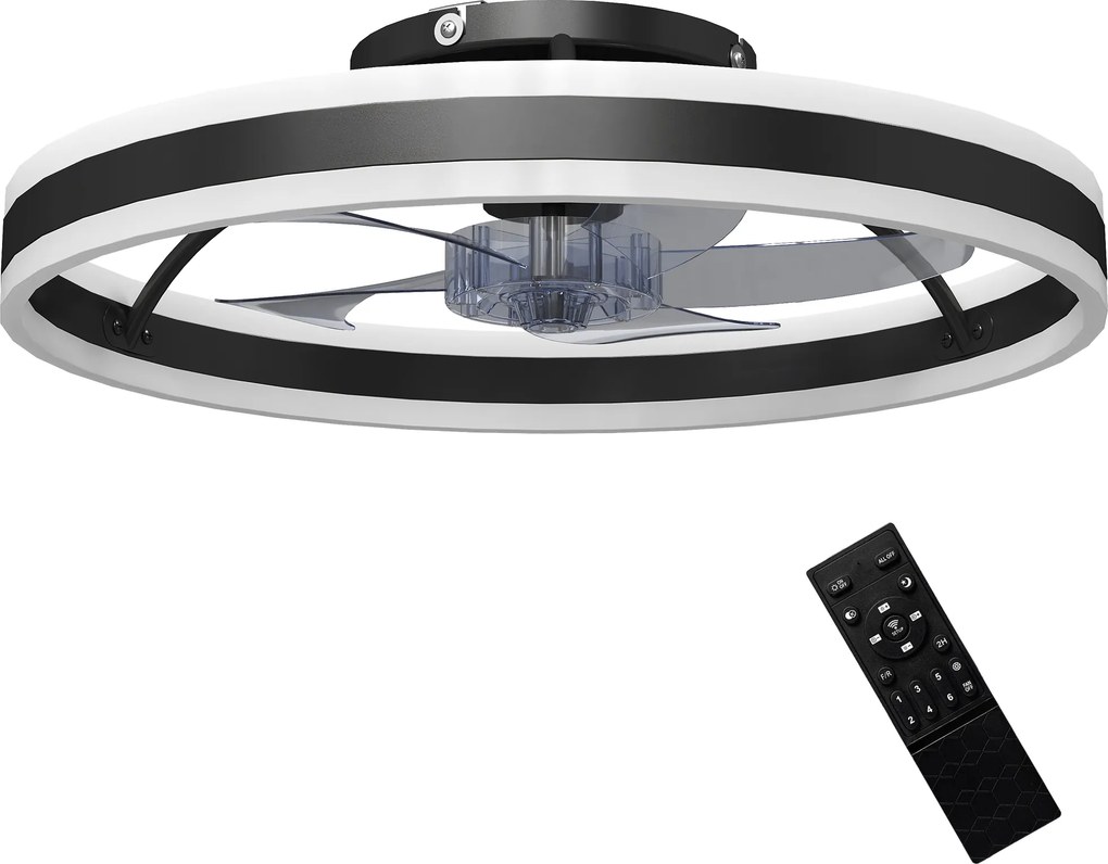 HOMCOM Ventoinha de Teto com Luz LED 6 Velocidades Motor Reversível e Comando Remoto Potência 45 W Ø50x13,5 cm Preto | Aosom Portugal