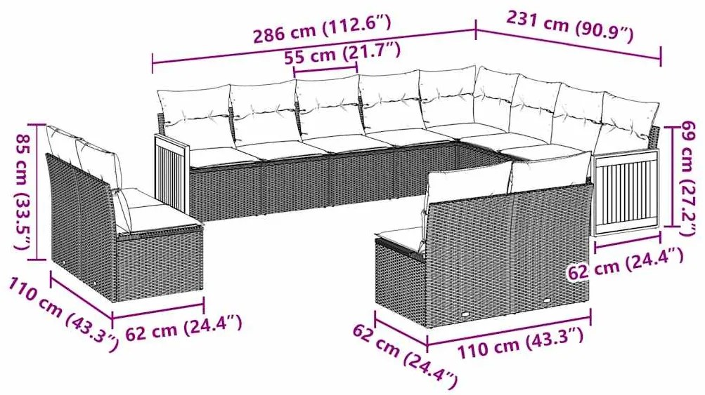 12 pcs conjunto de sofás de jardim c/ almofadões vime PE preto