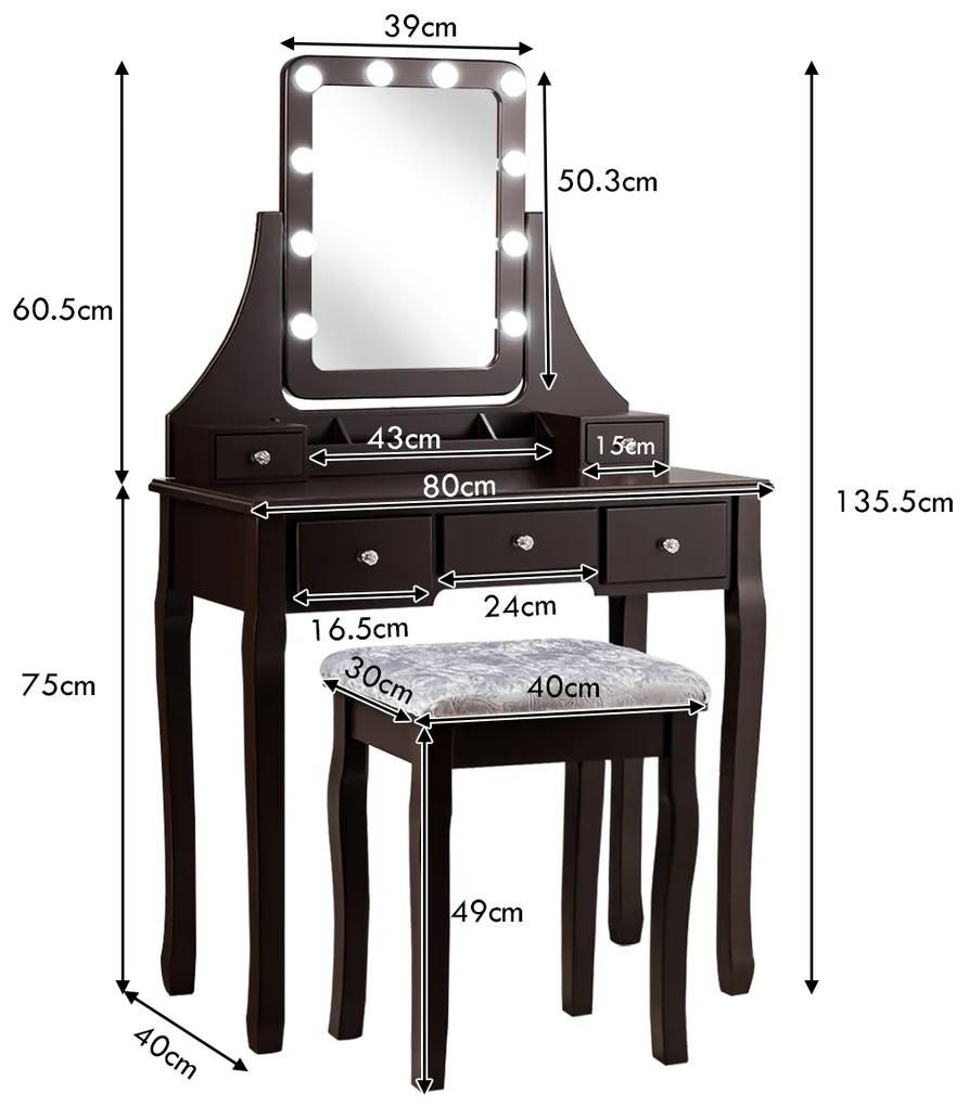 Mesa de toucador com espelho rectangular e mesa de maquilhagem e banco com 10 lâmpadas LED 80 x 40 x 135,5 cm Castanho