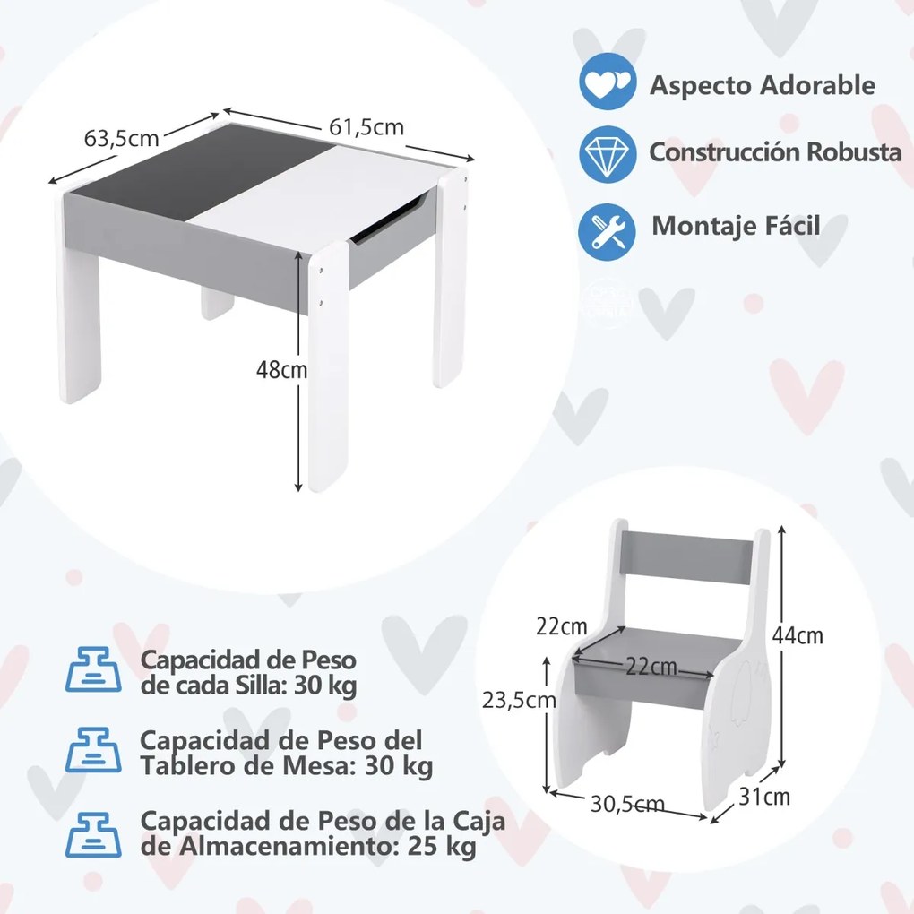 Conjunto de mesa e 2 cadeiras para crianças Mesa de atividades em madeira 4 em 1 para arte, desenho, leitura e quadro removível Cinzento e branco