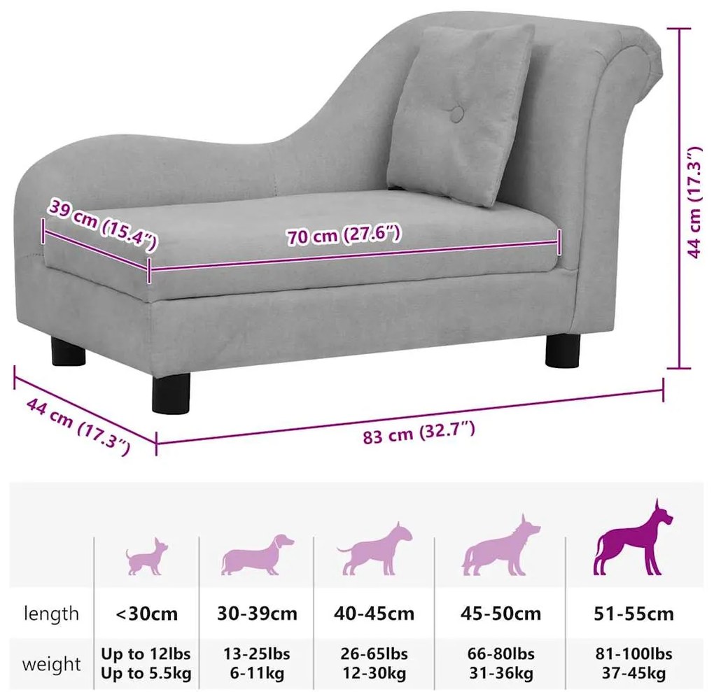 Sofá para cães com almofada 83x44x44 cm pelúcia cinzento