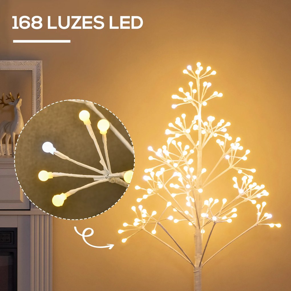 HOMCOM Árvore de Bétula Altura 120cm com 168 Luzes LED IP44 Branco Quente Ramos Flexíveis e Base de Candeeiro Árvore de Decoração de Natal para Festas Aniversários Casamentos 18x18x120cm Branco