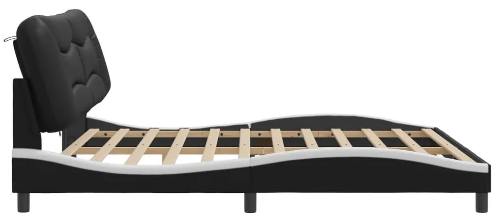 Estrutura cama c/ luz LED 200x200 cm couro artif. preto/branco