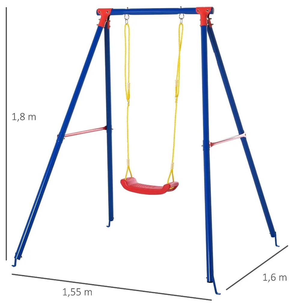 Baloiço de metal para crianças acima de 6 anos com assento de corda ajustável 4 âncoras externas máx. 40 kg 155x160x180cm Multicolor