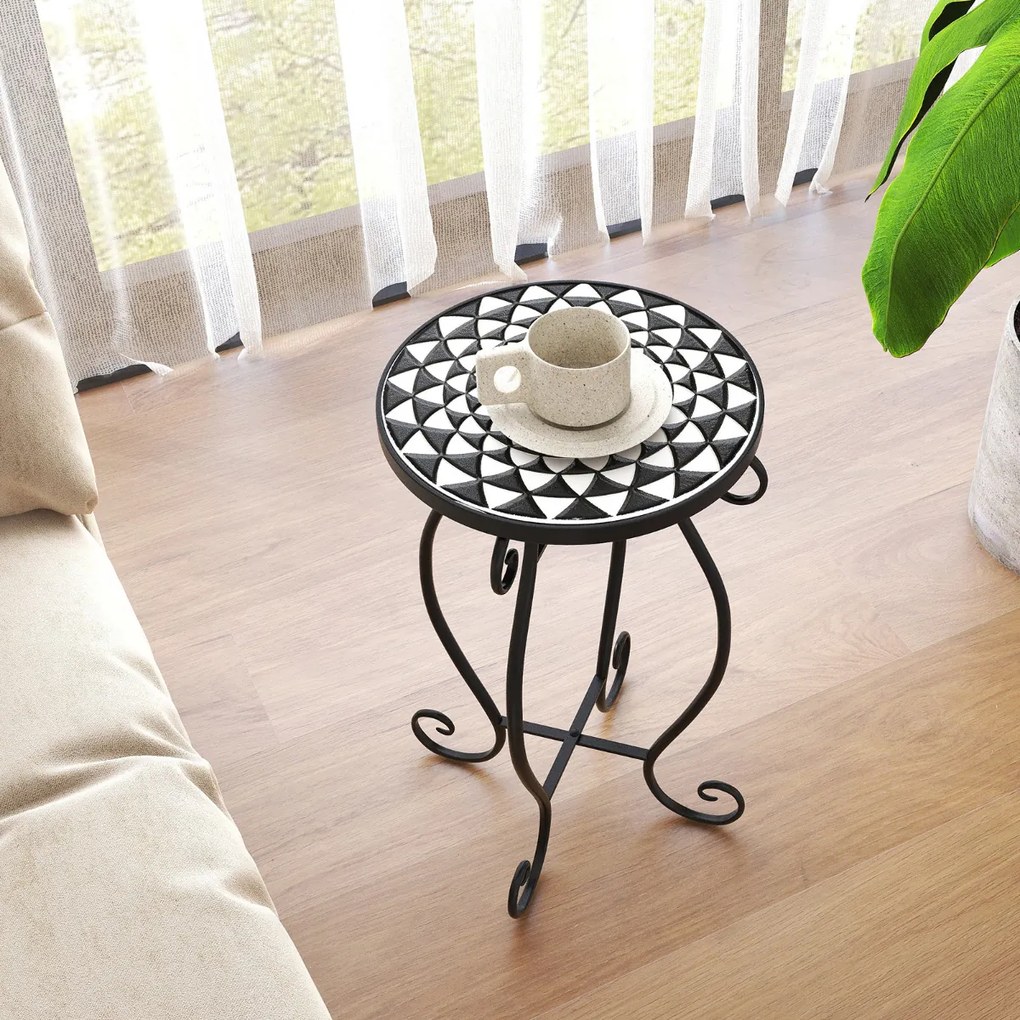 Mesa auxiliar de mosaico ao ar livre mesa redonda com suporte de planta superior de cerâmica para varanda pátio jardim 30 x 30 x 50 cm preto
