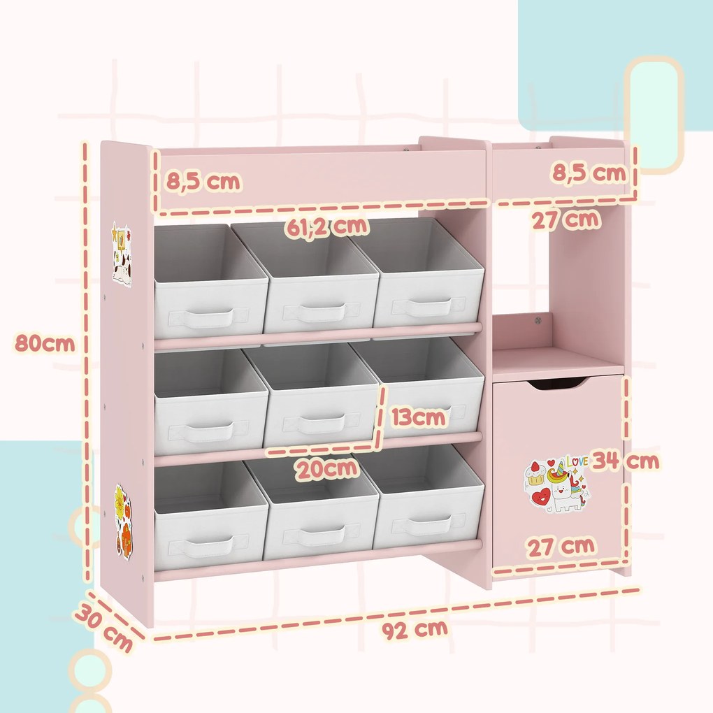 Móvel de arrumação infantil 92 x 30 x 80 cm estante para brinquedos com 9 gavetas em tecido e armário, cor-de-rosa