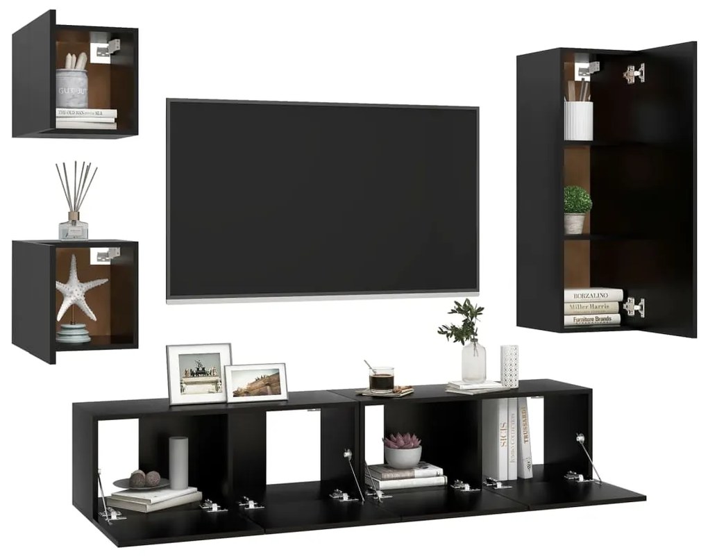 5 pcs conjunto de móveis de TV derivados de madeira preto